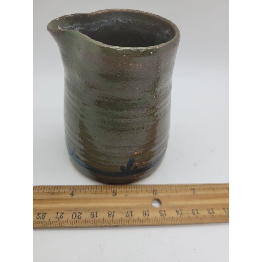 Handcrafted Ceramic Pitcher Signed Green Blue Detailing primitive